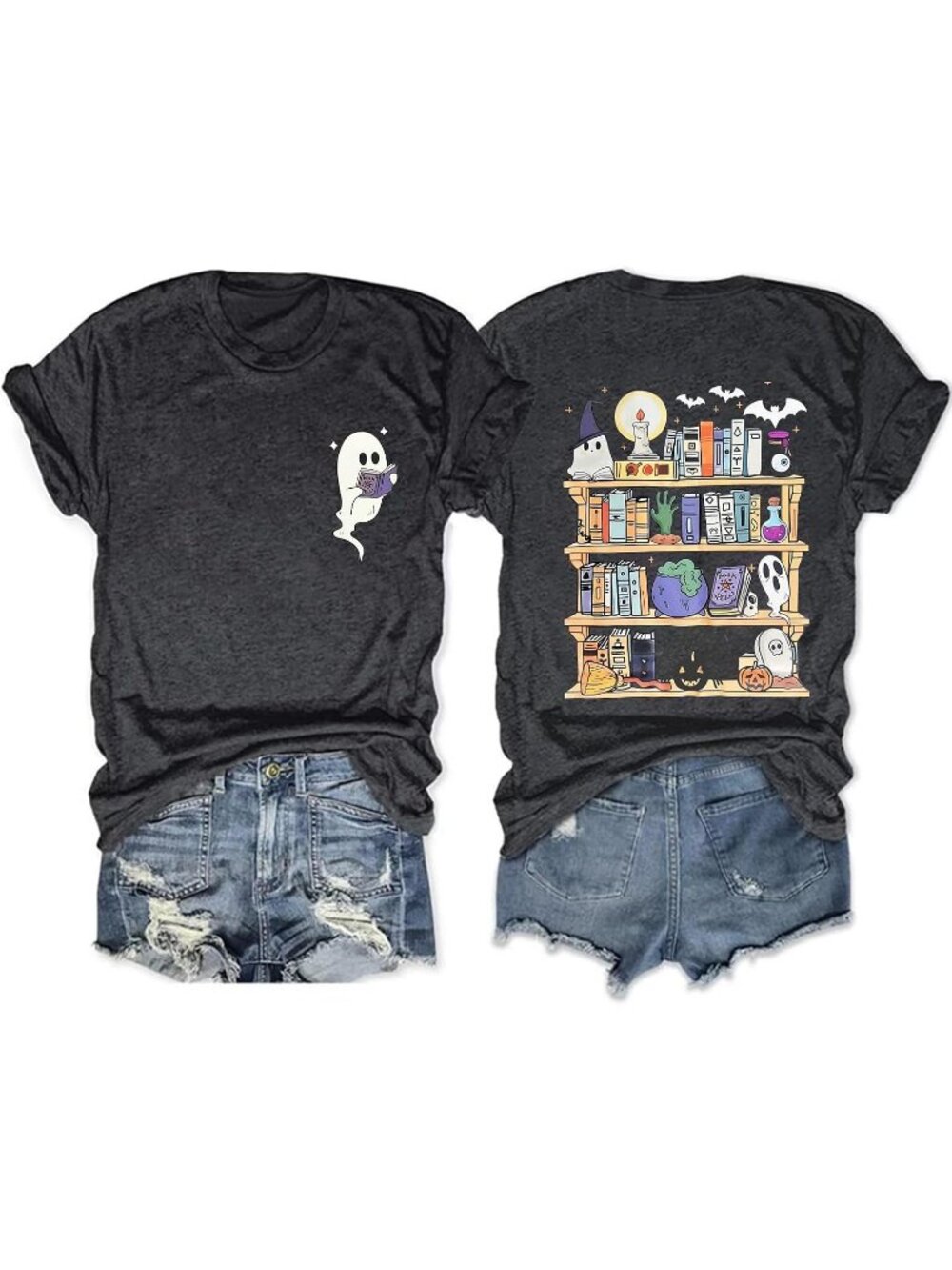 Women's Dark Gray Halloween Teacher Ghost Reading Book Graphic T-Shirt
